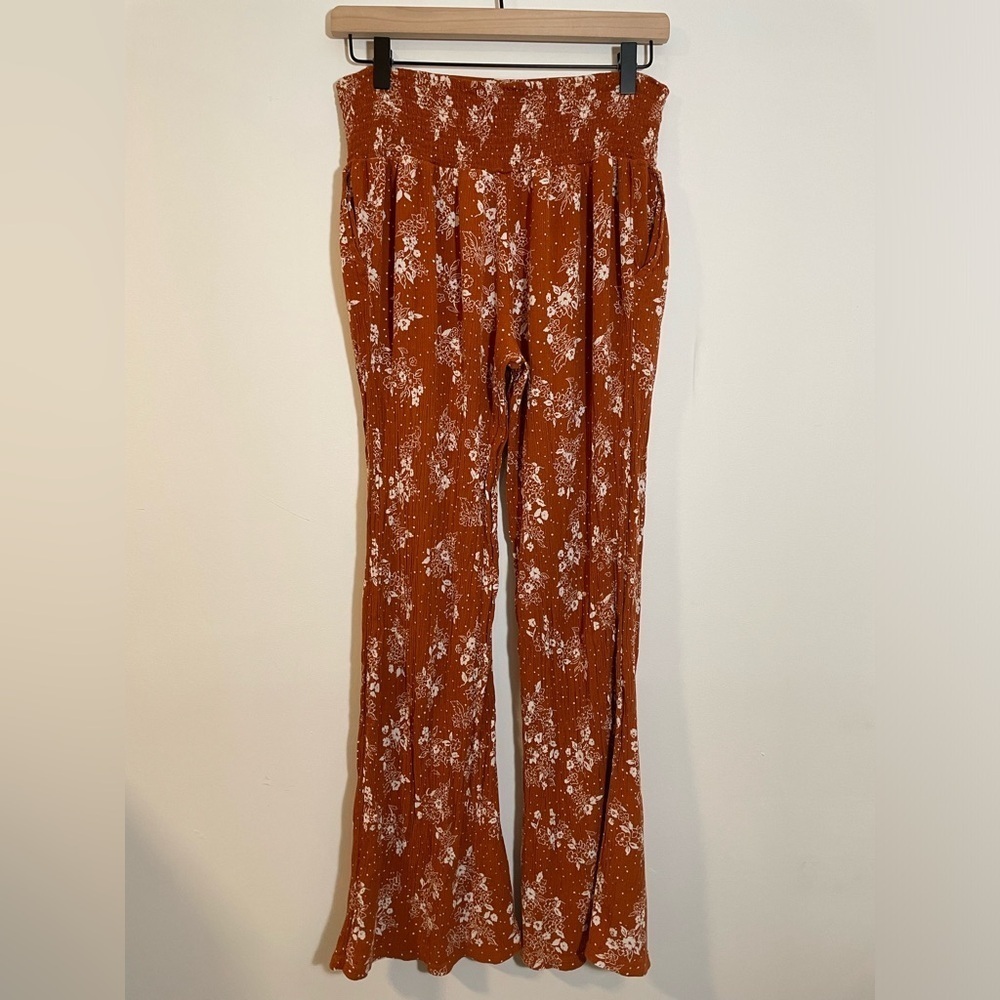Three Dots Burnt Orange Boho Floral Pull On Wide Leg Pants Stretch 70’s Medium - Picture 7 of 12